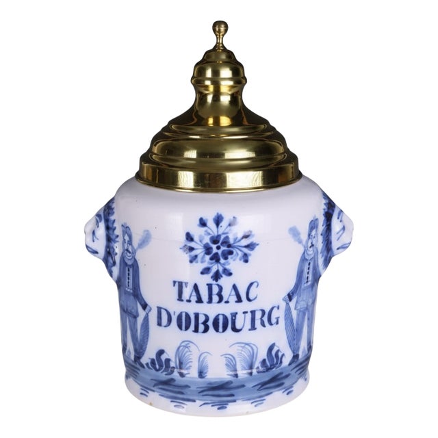 Large Dutch Delft Style Tobacco Jar Tabac Dobourg with Brass Lid, 1880 For Sale