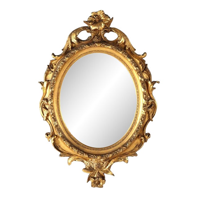 Antique Louis XIV Floral Carved Giltwood Oval Wall Mirror C1880 For Sale