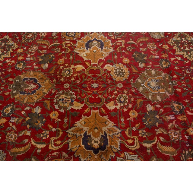 Indian Authentic Indian Agra Bold Red Handmade Wool Carpet For Sale - Image 3 of 8