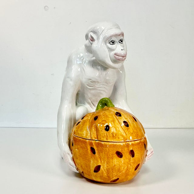 1940s Vintage Majolica Chinoiserie Hollywood Regency Figural Monkey Holding Pumpkin Gourd For Sale - Image 18 of 18
