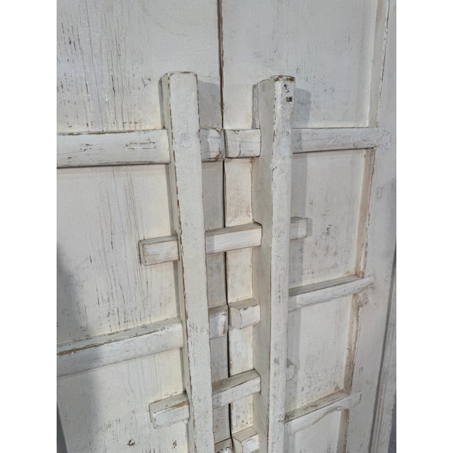 Rustic 1960s Set of 2 Rustic Whitewashed Wooden Armoire With Geometric Relief Doors For Sale - Image 3 of 10