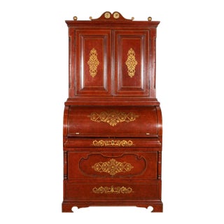 Mid 19th Century Impressive Biedermeier Continental Faux Bois Painted Pine Cylinder Secretary Bookcase For Sale