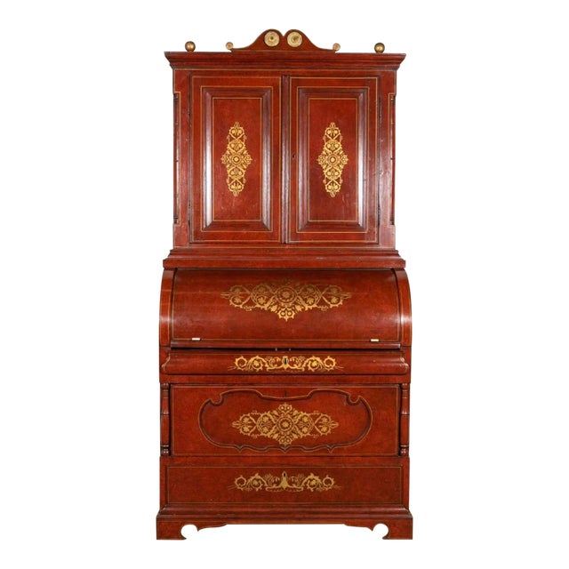 Mid 19th Century Impressive Biedermeier Continental Faux Bois Painted Pine Cylinder Secretary Bookcase For Sale