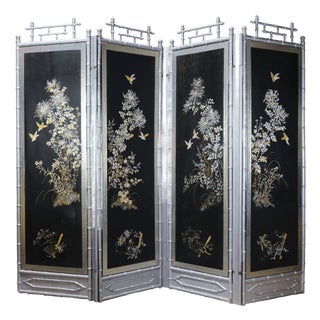 Vintage Chinoiserie Four-Panel Folding Screen – Hand-Painted Floral Motif With Silver Faux Bamboo Frame For Sale