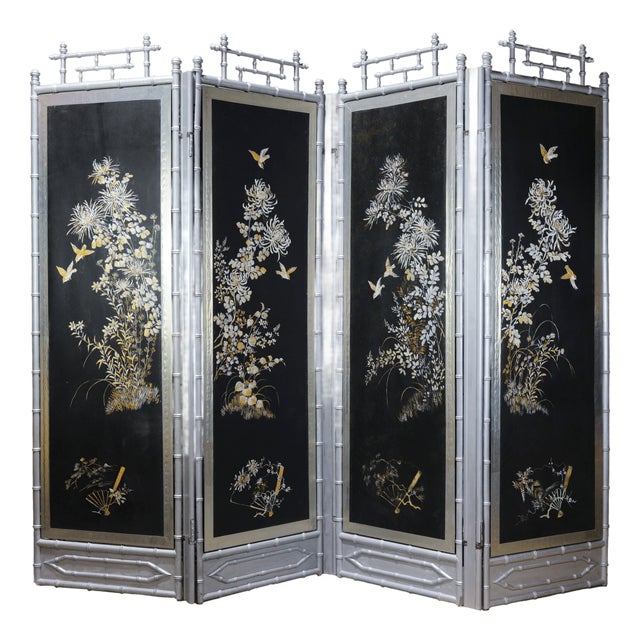 Vintage Chinoiserie Four-Panel Folding Screen – Hand-Painted Floral Motif With Silver Faux Bamboo Frame For Sale