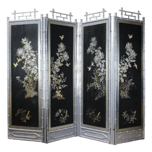 Vintage Chinoiserie Four-Panel Folding Screen – Hand-Painted Floral Motif With Silver Faux Bamboo Frame
