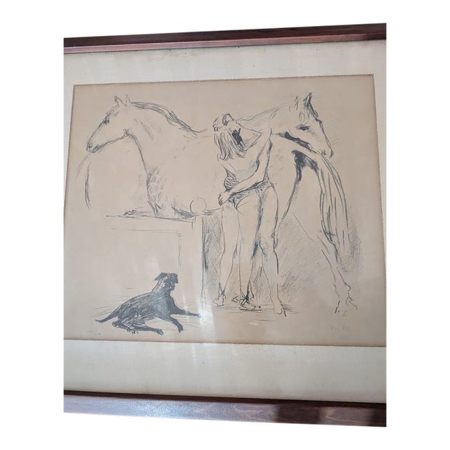 1974 Signed & Numbered Pencil Sketch | Woman With Horses & Dog, Framed For Sale