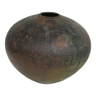 Harvey Sadow Style Raku Art Pottery Vase 1983 Large Round Stoneware Vessel 4999b For Sale