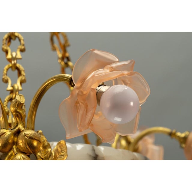 French Art Nouveau Chandelier with Alabaster Bowl & Pink Glass Shades, 1920 For Sale - Image 16 of 18