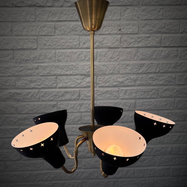 1950s Scandinavian Modernist Five Arms Chandelier in Steel and Brass, Sweden, 1950s For Sale - Image 5 of 13