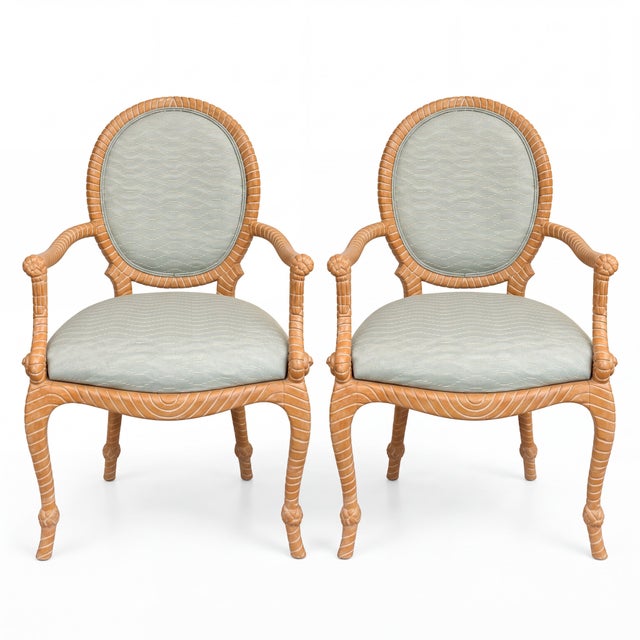 1970s French Napoleonic Style Carved Maple Rope Bergere Chairs - Pair For Sale