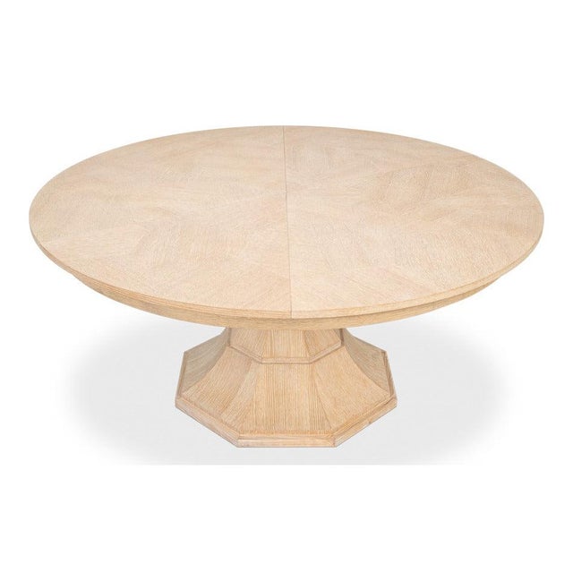 Art Deco Transitional Round Dining Table, Medium - Bleached Oak With Faceted Pedestal Base For Sale - Image 3 of 9
