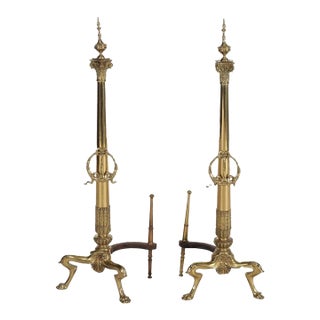 Oversized Pair of Antique French Empire Brass Fireplace Chenets 19thC For Sale