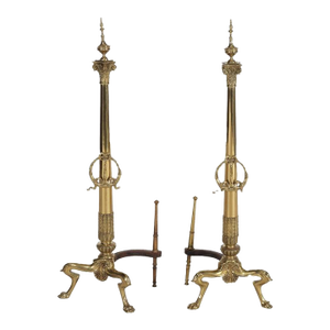 Oversized Pair of Antique French Empire Brass Fireplace Chenets 19thC