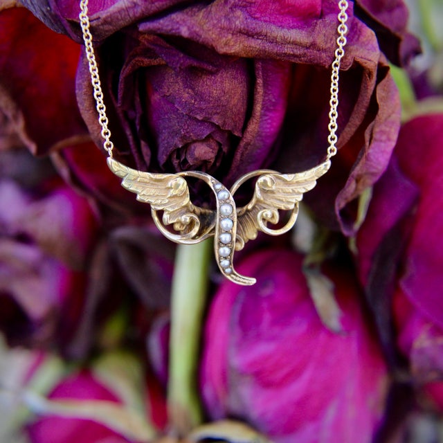 Gold Late 19th Century Victorian 14k Gold Angel Winged Necklace With Seed Pearls For Sale - Image 8 of 9