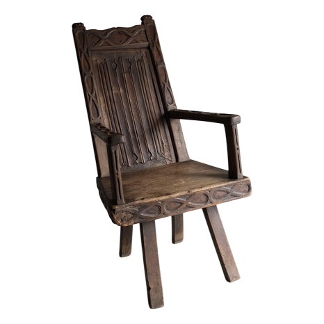 Antique Primitive Carved Oak Armchair, Belgium For Sale