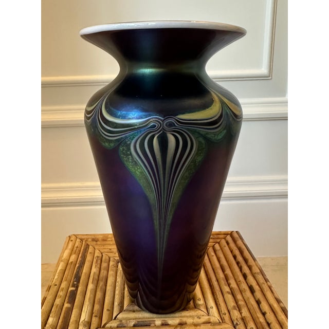 Fabulous Signed Art Deco Style Art Glass Vase from California’s Steven Lundberg. Gorgeous deep eggplant field with...