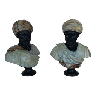 Pair of Hand Carved Marble and Onyx Moros Bust For Sale