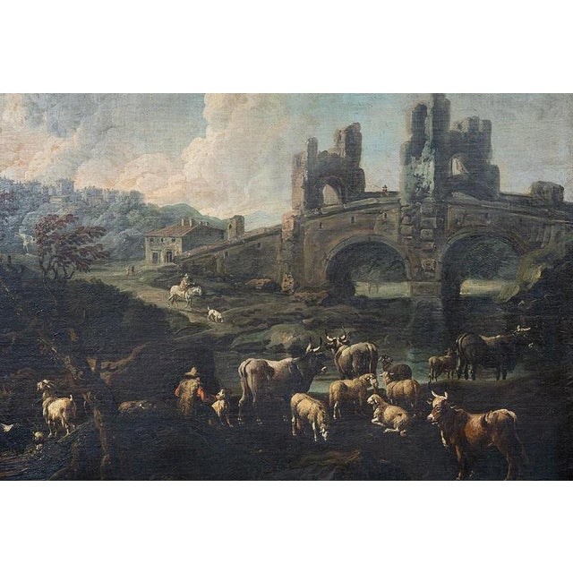 After Domenico Brandi, The Mammolo Bridge and a Roman Landscape with Ruins, Naples, Early 18th Century, Oil Paintings on Canvas, Framed, Set of 2 For Sale - Image 3 of 8