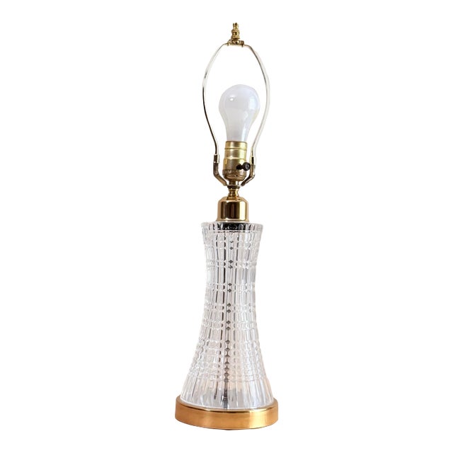 Waterford Crystal Lismore Hourglass Table Lamp — Brass Base & White Bell Shade, 1980s Hollywood Regency For Sale