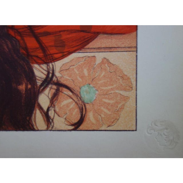 Gaston Darbour, Young Girl with Poppies, Original Signed Lithograph For Sale - Image 4 of 6