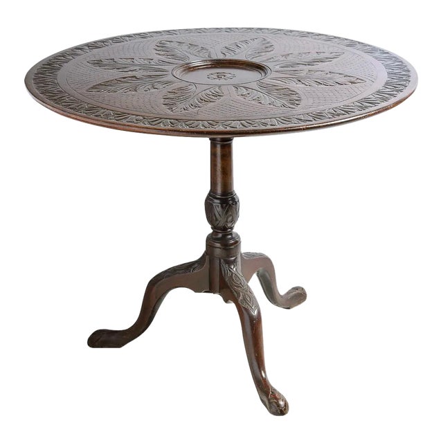 Antique English Mahogany Table With Carved Top For Sale