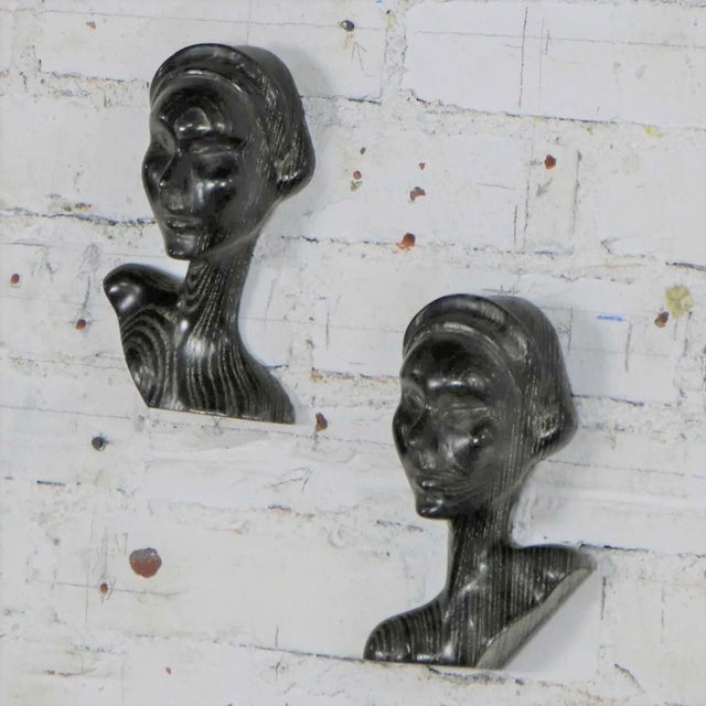 Wood MCM to Art Deco Style Ebonized Oak Carved Female Bust Vintage Wall Sculptures, a Pair For Sale - Image 7 of 13