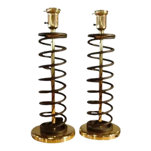 Pair of 1960s Brass and Steel Coil Spring Lamps in the Manner of Donald Deskey