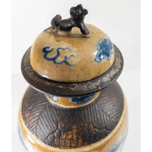 19th Century Chinese Cafe-Au-Lait Garniture Vase With Blue Foo Dogs or Qylin For Sale - Image 9 of 18