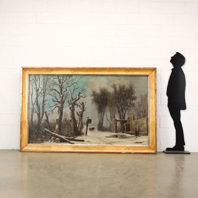 Oil painting on canvas. Signed, dated 1872 and localized Parma at the bottom right. It is a great winter landscape of...