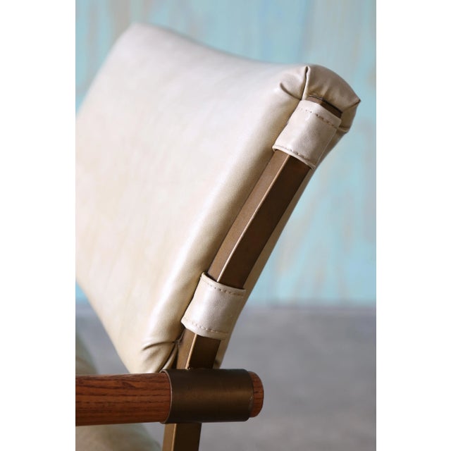 1970s 1970s Cal Style Director Chairs Oak Brass and Vinyl Set of 4 For Sale - Image 5 of 11