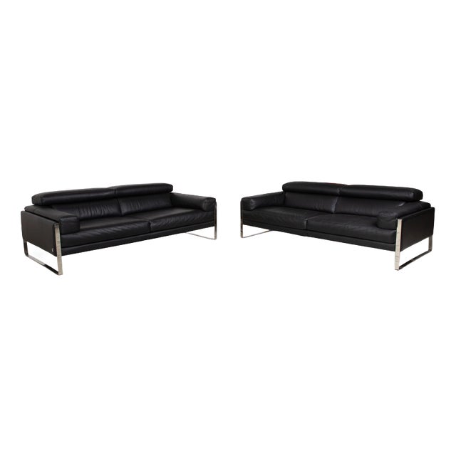 Romeo 2-Seater Sofas in Black Leather and Chrome from Calia, Set of 2 For Sale