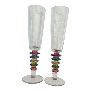 1990s Vintage Block Crystal Carnival Fluted Champagnes- a Pair For Sale