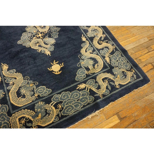 1900s Blue Navy Dragon Medallion Antique Chinese Peking Carpet 4'8" X 5'10" Knotted Wool Rug For Sale In New York - Image 6 of 15