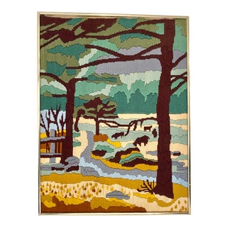 Vintage Landscape Needlepoint Textile Art For Sale