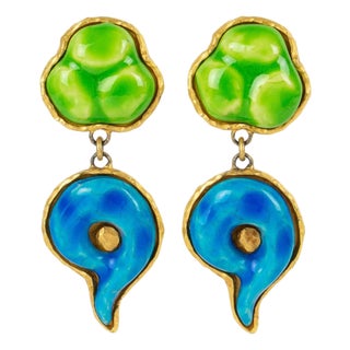 Dominique Denaive Green and Blue Ceramic Dangle Clip Earrings For Sale