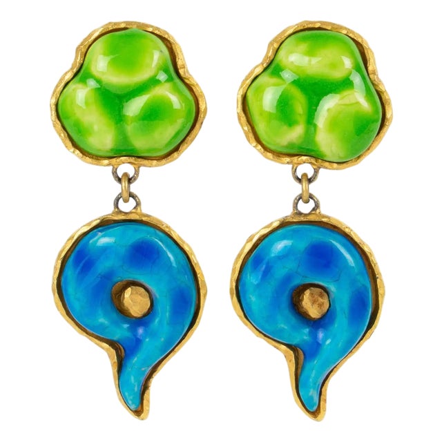 Dominique Denaive Green and Blue Ceramic Dangle Clip Earrings For Sale