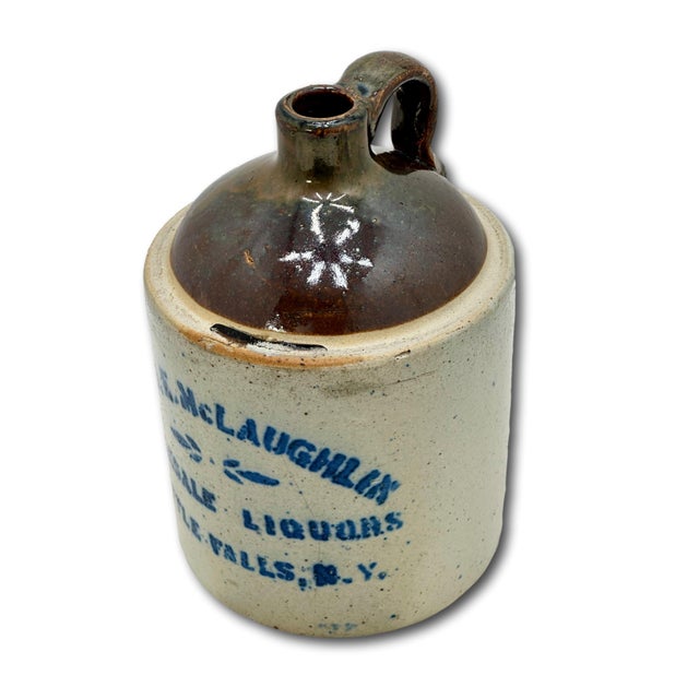 Nice Small Antique 1/2 Gallon Size Stoneware Wholesale Liquor Merchants Jug From Little Falls New York For Sale - Image 10 of 18