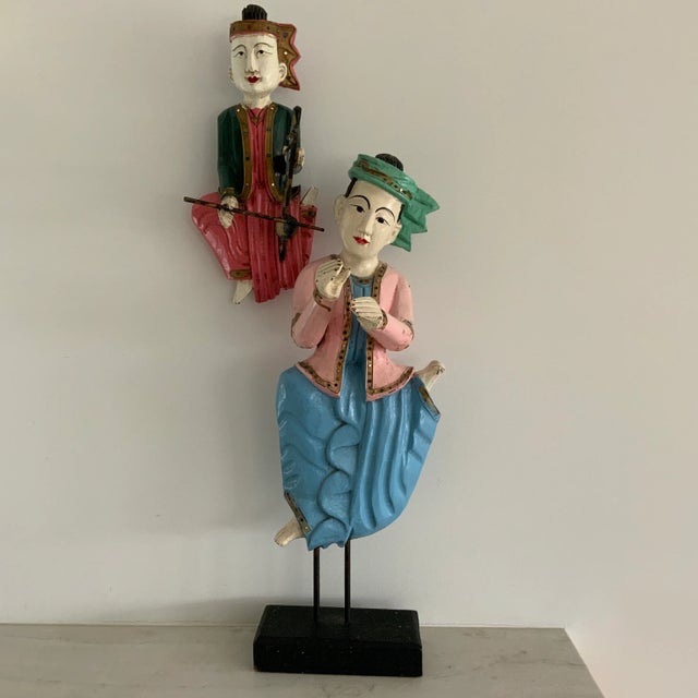 Vintage Thai Carved Wooden Musician Sculptures With Jeweled Robes- Set of 2 For Sale - Image 13 of 13