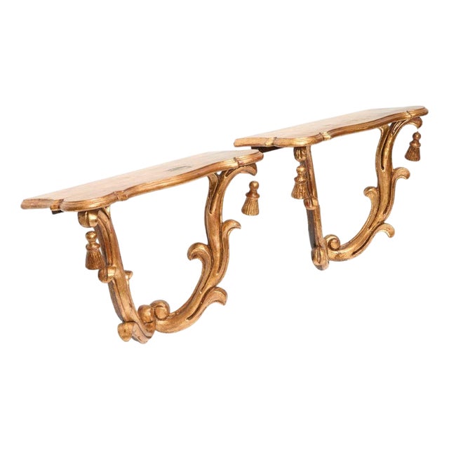 Pair of Rococo Style Giltwood Wall Consoles With Tassel Detail For Sale