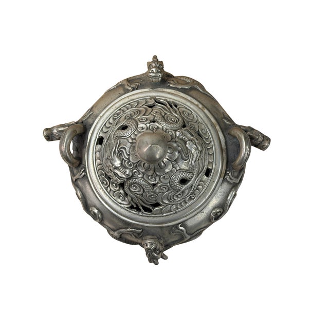 1990s Chinese Silver Color Round Dragon Theme Incense Burner Display Art For Sale - Image 5 of 18