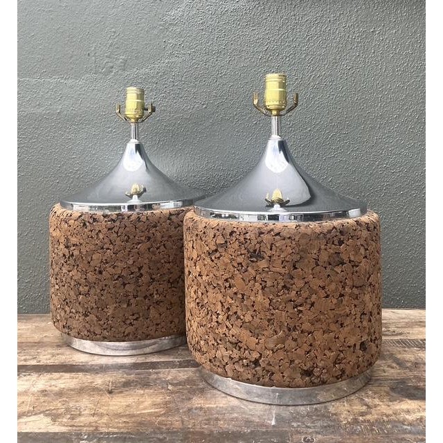 Vintage 70s Chrome and Cork Lamps - A Pair For Sale - Image 4 of 12