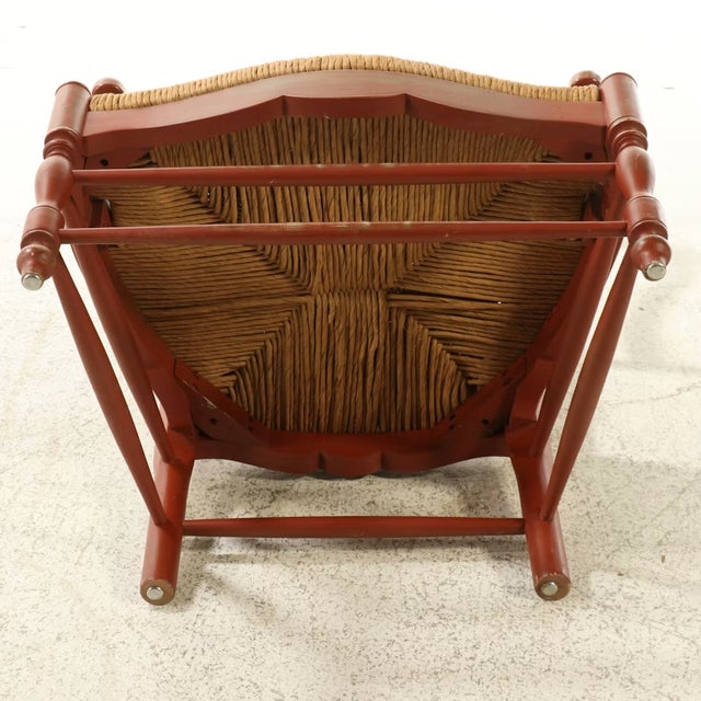 Vintage French Provincial Distressed Terracotta Red Wingback Chair With Gingham Cushions For Sale - Image 10 of 12
