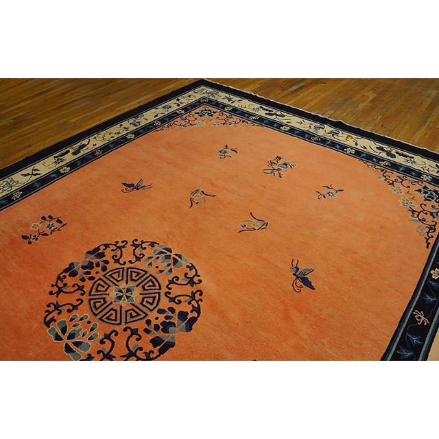 1880s Orange Salmon Medallion Antique Chinese Peking Carpet 11' X 15'6'' Handknotted Wool Rug For Sale - Image 4 of 7