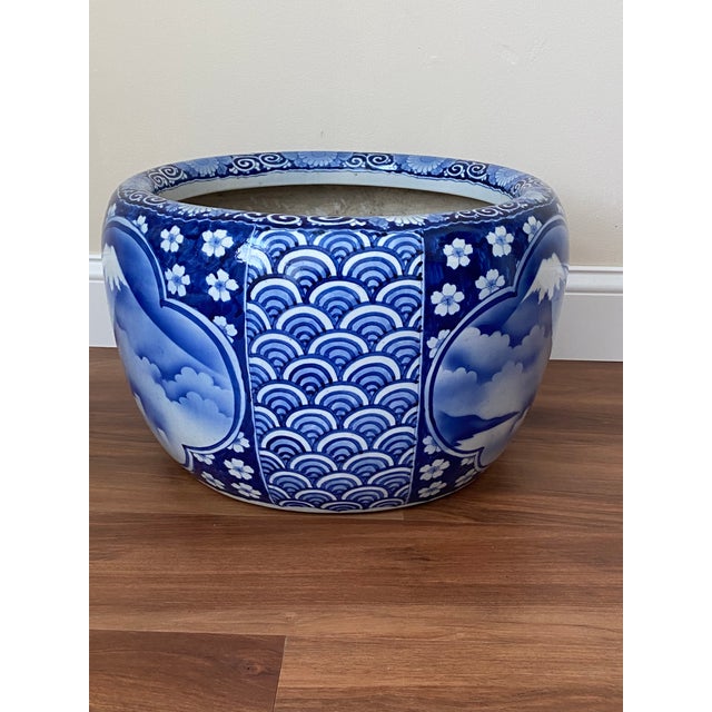 Mid 20th Century Large Blue and White Porcelain Mount Fuji Planter For Sale - Image 4 of 11