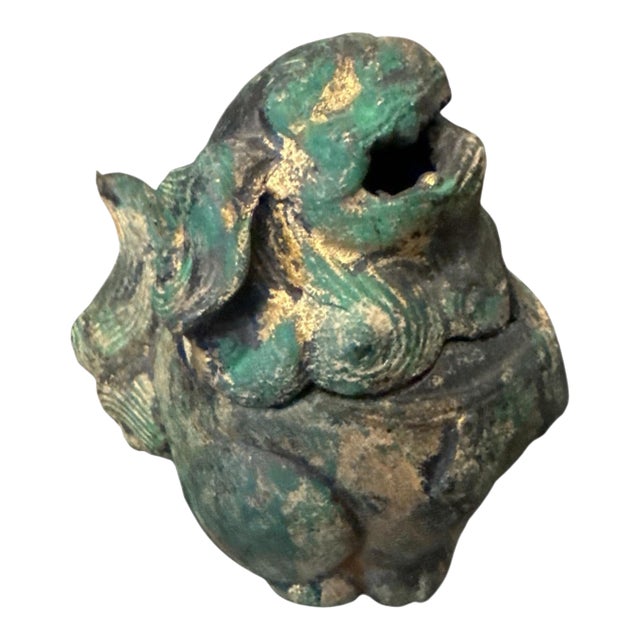 Antique 19th C. Bronze Foo Dog Incense Burner With Aged Verdigris Patina - Qing Era Asian Antique For Sale