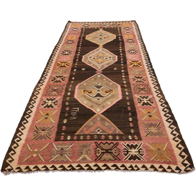 Tribal 1960s Vintage Turkish Kilim Brown Handmade Tribal Wool Runner For Sale - Image 3 of 10
