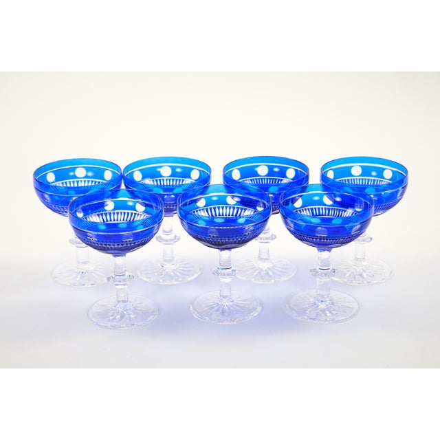 Mid 20th Century Val Saint Lambert Cobalt Crystal Champagne Coupe Glass, Service for 8 People For Sale - Image 5 of 13