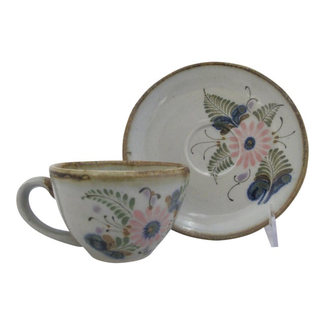 Ken Edwards El Palomar Flower Tonala Mexico Folk Art Stoneware Cup & Saucer For Sale
