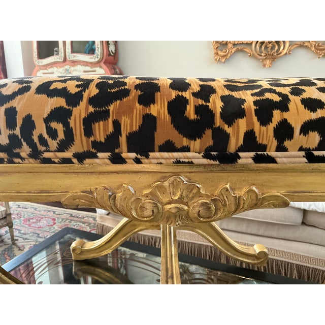 Mid-Century Italian Neo-Classical Style Giltwood & Leopard Velvet X-Base Ottomans - Pair For Sale - Image 4 of 9